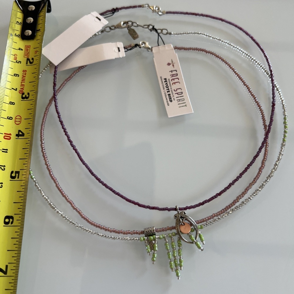 Free Spirit Peyote Bird Beaded Layered Necklace Silver Green Purple - Picture 9 of 9
